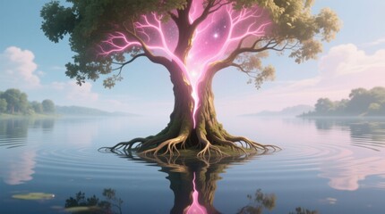  a tree in the middle of a body of water, with its roots visible in the water The tree is surrounded by lush green grass and other trees, and the sky is filled with
