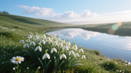  a tranquil scene of snowdrops on the shore of a lake, surrounded by lush green grass and trees in the background The sky is filled with white, fluffy clouds, creat