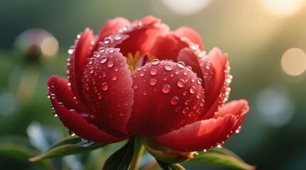  a vibrant red peony flower with water droplets glistening on its petals and leaves, set against a blurred background