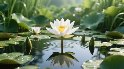  a white water lily in a pond surrounded by lush green leaves The background is slightly blurred, giving the image a dreamy feel