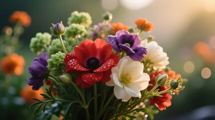 Fototapeta premium a vase filled with a variety of colorful flowers and buds, with water droplets glistening on the petals The background is slightly blurred, giving the image a drea