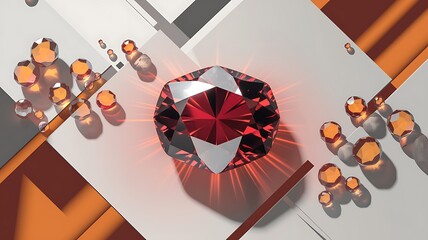 Shiny red gemstone with small crystals on abstract geometric background