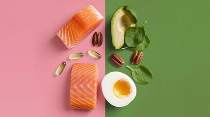  Healthy keto ingredients with salmon avocado egg and nuts on pink green background