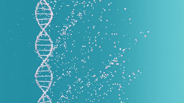 Rotating 3D DNA strand on vibrant turquoise background representing genetic science, molecular biology, innovation and modern biotechnology in motion
