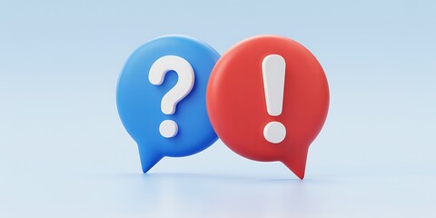 3D blue question mark and red exclamation mark speech bubbles