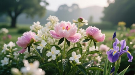 Fototapeta premium a field of pink and white flowers with water droplets on them, surrounded by lush green grass and trees in the background, with a bright blue sky above
