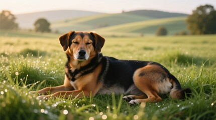  a black, brown and white dog laying in the grass with its eyes closed, surrounded by trees, mountains and a clear blue sky
