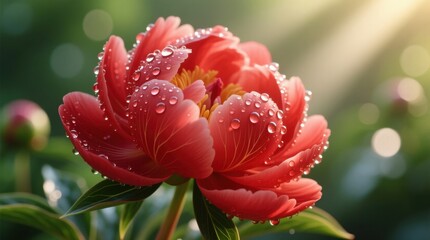  a vibrant red peony flower with water droplets glistening on its petals and leaves, set against a blurred background