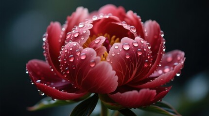  a red peony flower with water droplets glistening on its petals and leaves, set against a blurred background