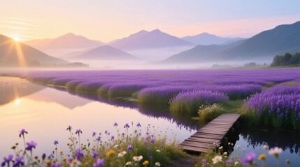  a beautiful lavender field with a wooden bridge in the middle of it, surrounded by lush green grass and trees The sky is painted with a stunning sunset, with the s