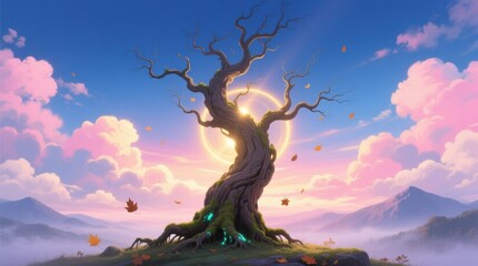  an animated tree in the middle of a field with mountains in the background The tree is surrounded by lush green grass and leaves, and the sky is filled with fluffy