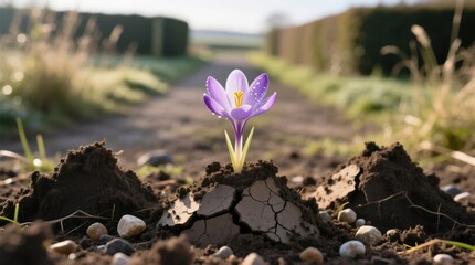  a purple crocus flower growing out of the ground in the middle of a field, surrounded by soil and stones The background is blurred, giving the flower a sense of fo