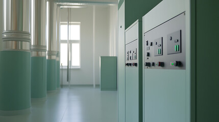 Industrial interior with light blue units and pipes. A sterile and functional space with a clinical aesthetic. The lighting is bright and even.