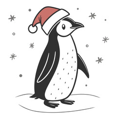Penguin wearing Santa hat icon with snowflakes christmas