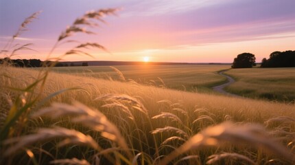  a field of tall grass with a path winding through it, surrounded by trees and a beautiful sunset in the background The sky is filled with clouds and the sun is set