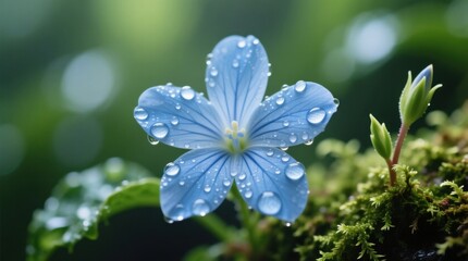  a small blue flower with water droplets on it, surrounded by lush green leaves and buds The background is slightly blurred, giving the image a dreamy feel