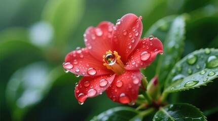  a vibrant red flower with water droplets glistening on its petals, surrounded by lush green leaves in the background