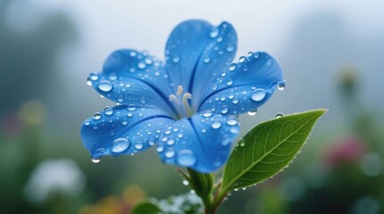  a blue flower with water droplets on it, set against a blurred background