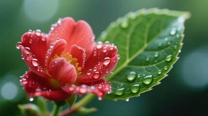  a vibrant red flower with water droplets glistening on its petals and leaves, set against a blurred background