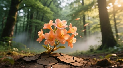  a vibrant orange flower in the middle of a forest, surrounded by lush green trees and a bright blue sky The flower is in full bloom, with its petals spread wide an