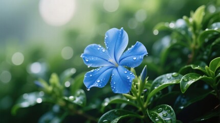  a blue flower with water droplets on it, surrounded by lush green leaves, against a blurred background