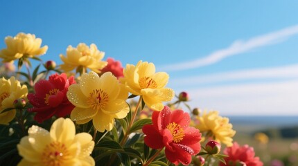  a bunch of yellow and red flowers with water droplets on them, surrounded by lush green leaves and buds The background is slightly blurred, giving the image a drea
