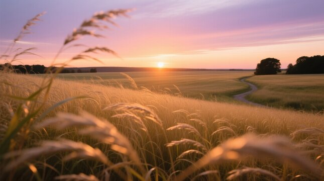  a field of tall grass with a path winding through it, surrounded by trees and a beautiful sunset in the background The sky is filled with clouds and the sun is set