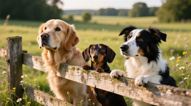  three dogs looking over a wooden fence in a field of flowers, surrounded by lush green grass and trees in the background, with a bright blue sky above