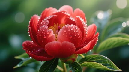  a vibrant red peony flower with water droplets glistening on its petals and leaves, set against a blurred background