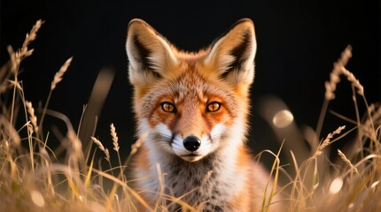 Fototapeta premium a red fox sitting in tall grass with a black background The fox has a white and brown coat, and the grass is a vibrant green