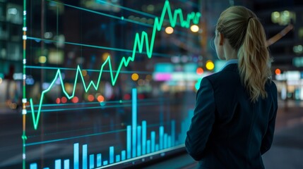 Business Woman Analyzing Financial Growth Trends on Holographic Display for Investment Strategies