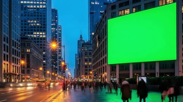 4k time lapse video footage a bustling city street at dusk with blurred motion of cars and pedestrians, featuring a large green screen billboard on the side of a modern skyscraper city night scene.