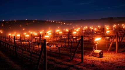Medium shot capturing an array of heaters placed strategically throughout a vineyard to maintain warmth and prevent frost formation at night. - Powered by Adobe