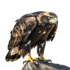 Golden eagle perched on rock with piercing yellow eyes  
