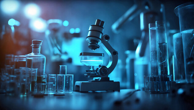 A detailed shot of a vintage microscope on a laboratory bench, surrounded by various scientific tools. The overall color scheme is predominantly blue, creating a sterile and focused atmosphere