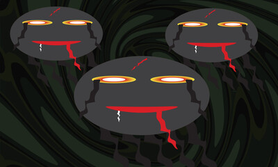 Funny cartoon zombie with pumpkins and bats on a spooky Halloween night illustration