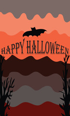 Halloween sunset landscape with trees bats and birds in silhouette