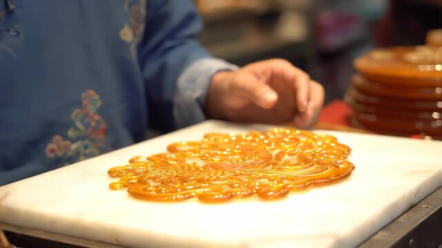 An artist in a blue robe uses a stick to create intricate patterns with sugar. The artist carefully manipulates the sugar with the stick, focusing on each pattern.