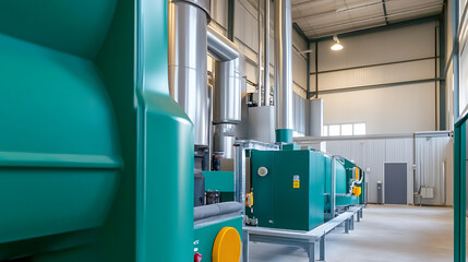 Industrial equipment inside a large, well-lit building, featuring green machinery, silver pipes, and a clean, organized environment.
