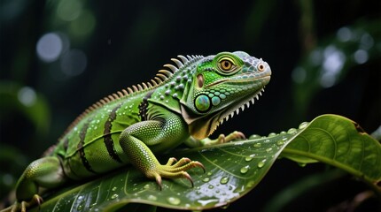 Naklejka premium a green iguana sitting on top of a leaf with water droplets glistening on its scales The background is slightly blurred, giving the image a dreamy feel