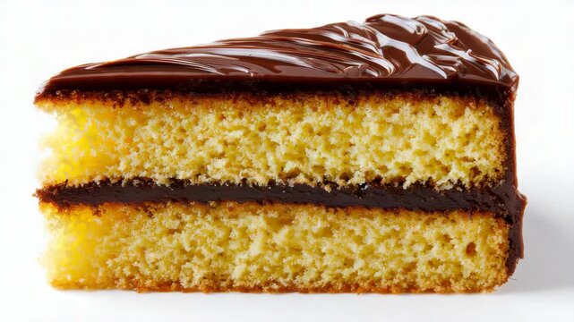 A delicious slice of cake with chocolate frosting, perfect for dessert.