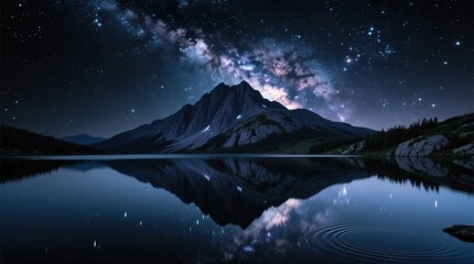  a stunning night sky filled with stars, illuminated by the milky way, over a mountain range with a lake in the foreground The lake is surrounded by trees and rocks