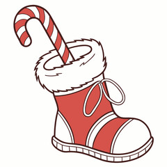 Red Christmas stocking with candy cane vector santa