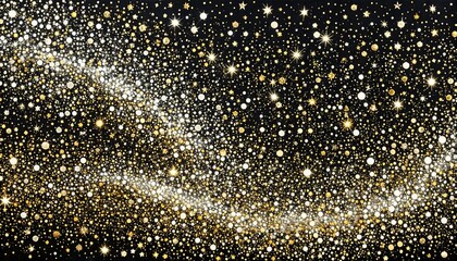 Gold and silver glitter confetti on a black background. A swirling pattern of shimmering particles creates a festive and glamorous design