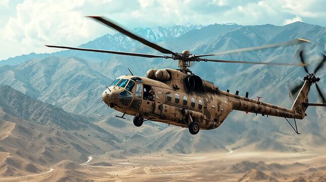 Dramatic image of a military helicopter gunship flying low over rugged terrain, its heavy armament clearly visible &mdash; conveying power, precision, and intense tactical readiness.
