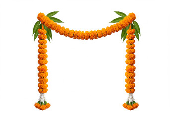 Marigold flower garland with mango leaves isolated on white.