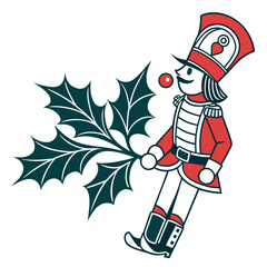 Red nutcracker soldier with holly branch vector icon