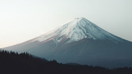 Snow-capped mountain peak with dark forest foreground at dawn