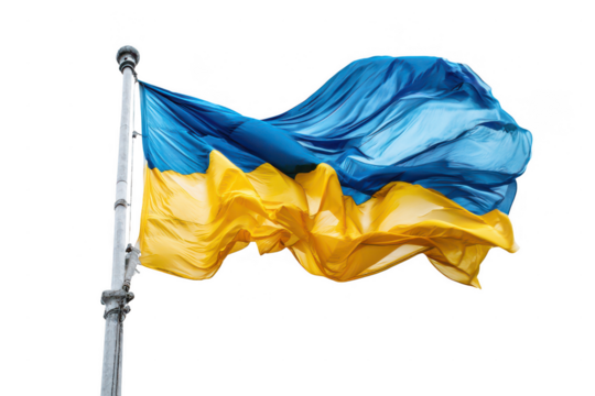 Waving ukrainian flag on a pole against a transparent background