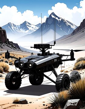 A futuristic, gray-and-black unmanned ground vehicle (UGV) navigates a desert landscape, flanked by snow-capped mountains.  The UGV has multiple sensors and a drone-like configuration